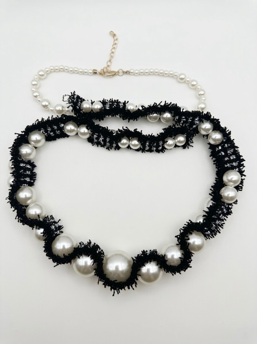 Faux Pearl Tweed Ribbon Statement Necklace Black White Gold Tone Parisian Style